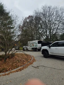 A white service truck and a white pickup truck are parked in a driveway surrounded by trees with fallen autumn leaves