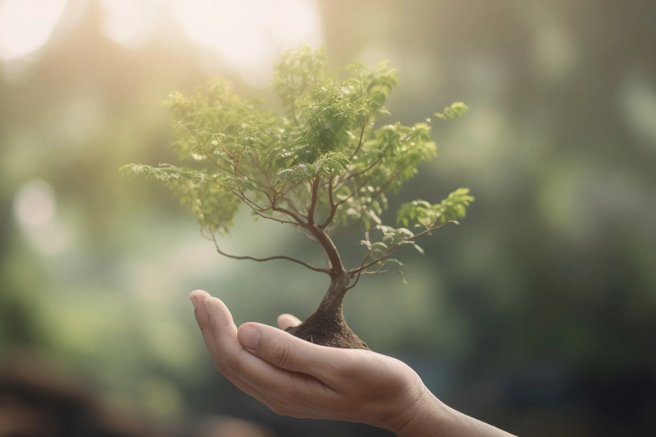 Human hand holding a small tree on blurred nature background